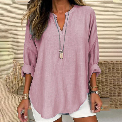 Blusa casual holgada lisa de manga larga con cuello en V