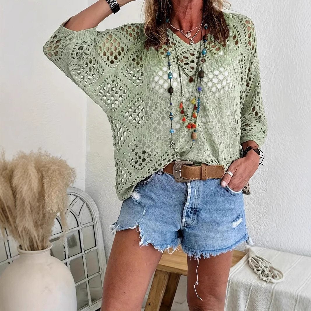 Top bohemio de punto calado de rombos con cuello en V y manga murciélago