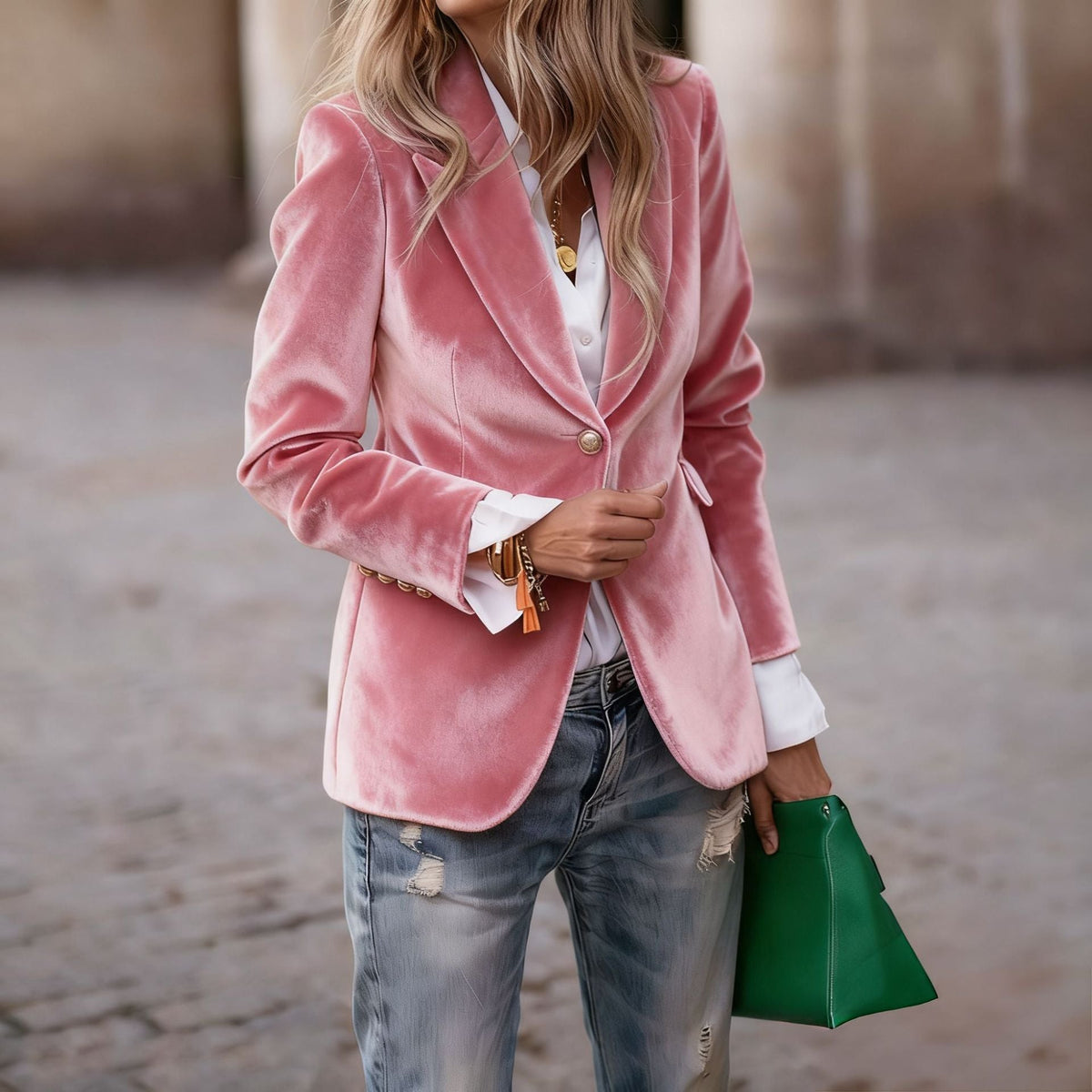 Blazer elegante de terciopelo entallado con bolsillos simulados