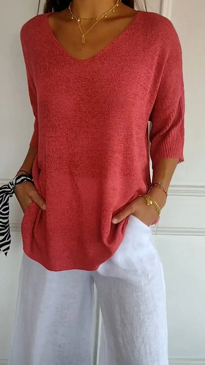Top de punto liso con cuello en V