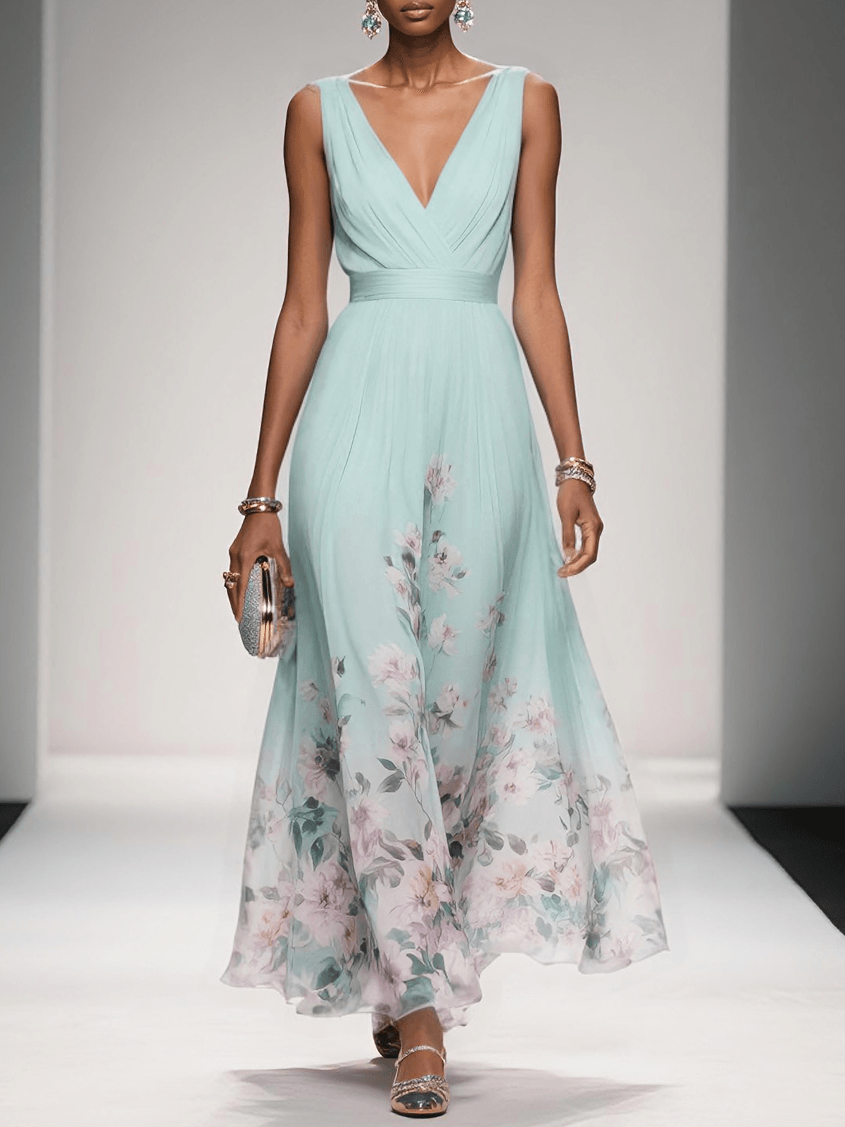 Vestido largo de gasa azul claro con flores, cuello en V y sin mangas