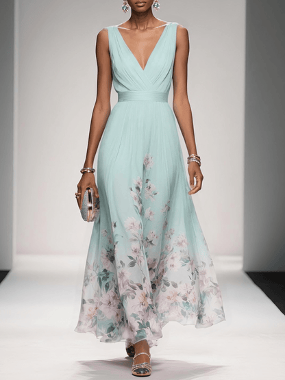 Vestido largo de gasa azul claro con flores, cuello en V y sin mangas