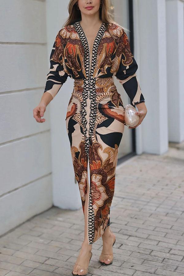 Vestido midi estampado de manga larga murciélago, fruncido y con abertura