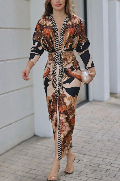 Vestido midi estampado de manga larga murciélago, fruncido y con abertura