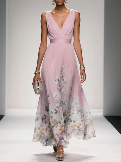 Vestido largo de gasa azul claro con flores, cuello en V y sin mangas