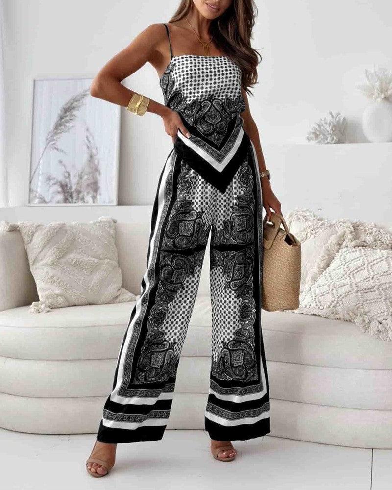 Conjunto de dos piezas: chaleco estampado con lazada y pantalón