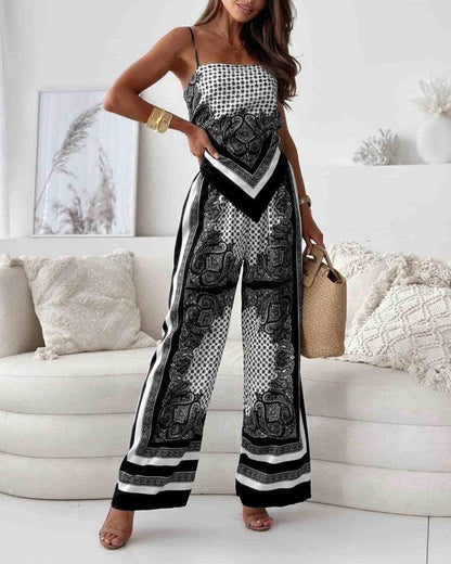 Conjunto de dos piezas: chaleco estampado con lazada y pantalón