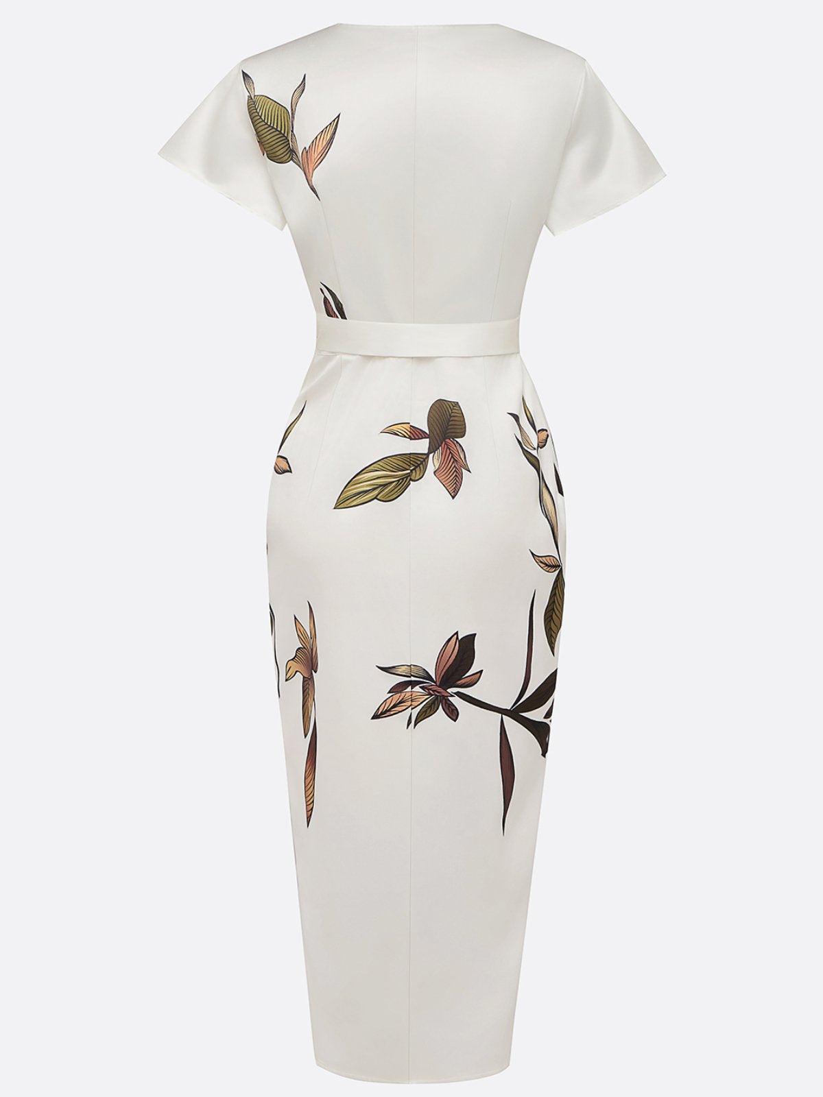 Vestido midi cruzado de satén blanco con hojas y manga corta