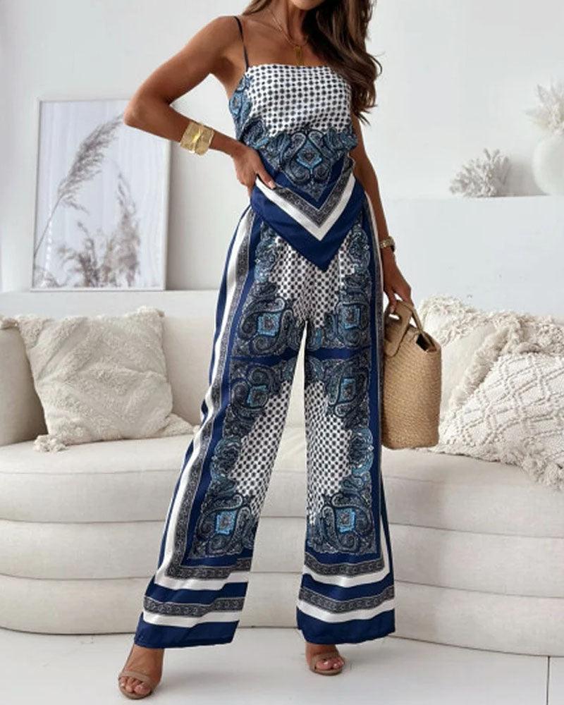 Conjunto de dos piezas: chaleco estampado con lazada y pantalón