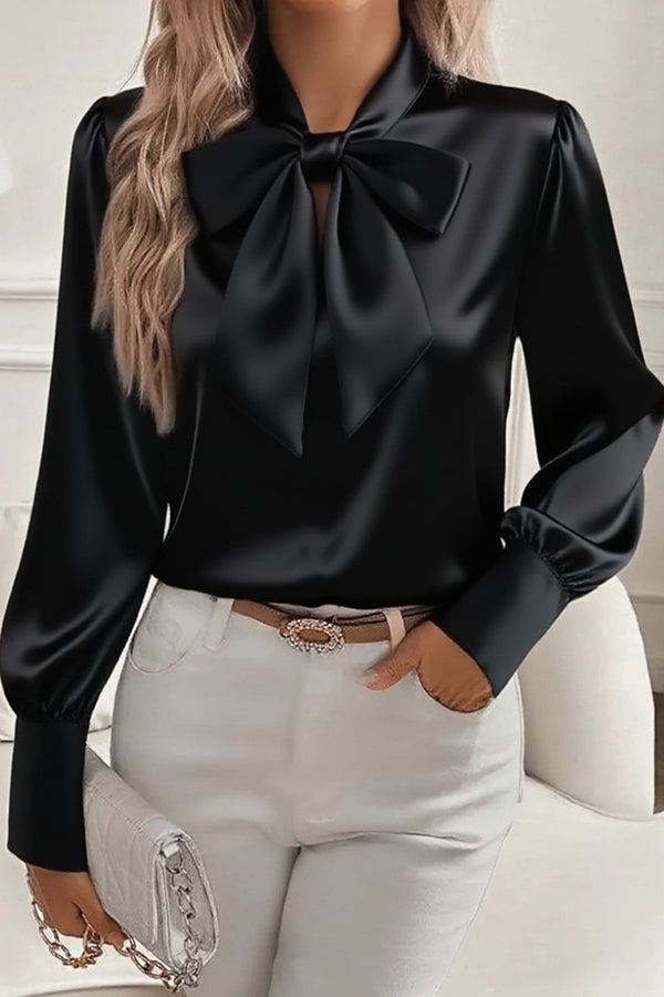 Camisa casual de satén lisa de manga larga con lazo