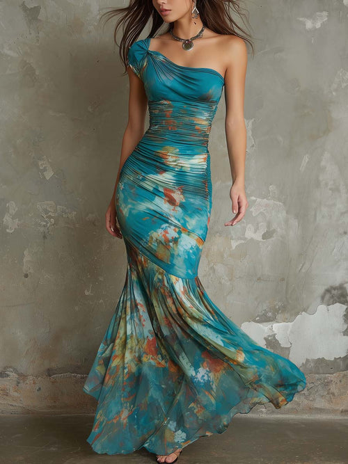 Retro One-shoulder Floral Mesh Maxi Dress