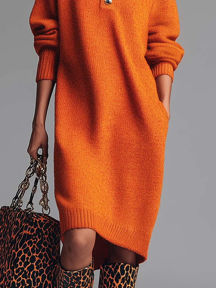 Vestido midi de punto naranja con solapa y botones