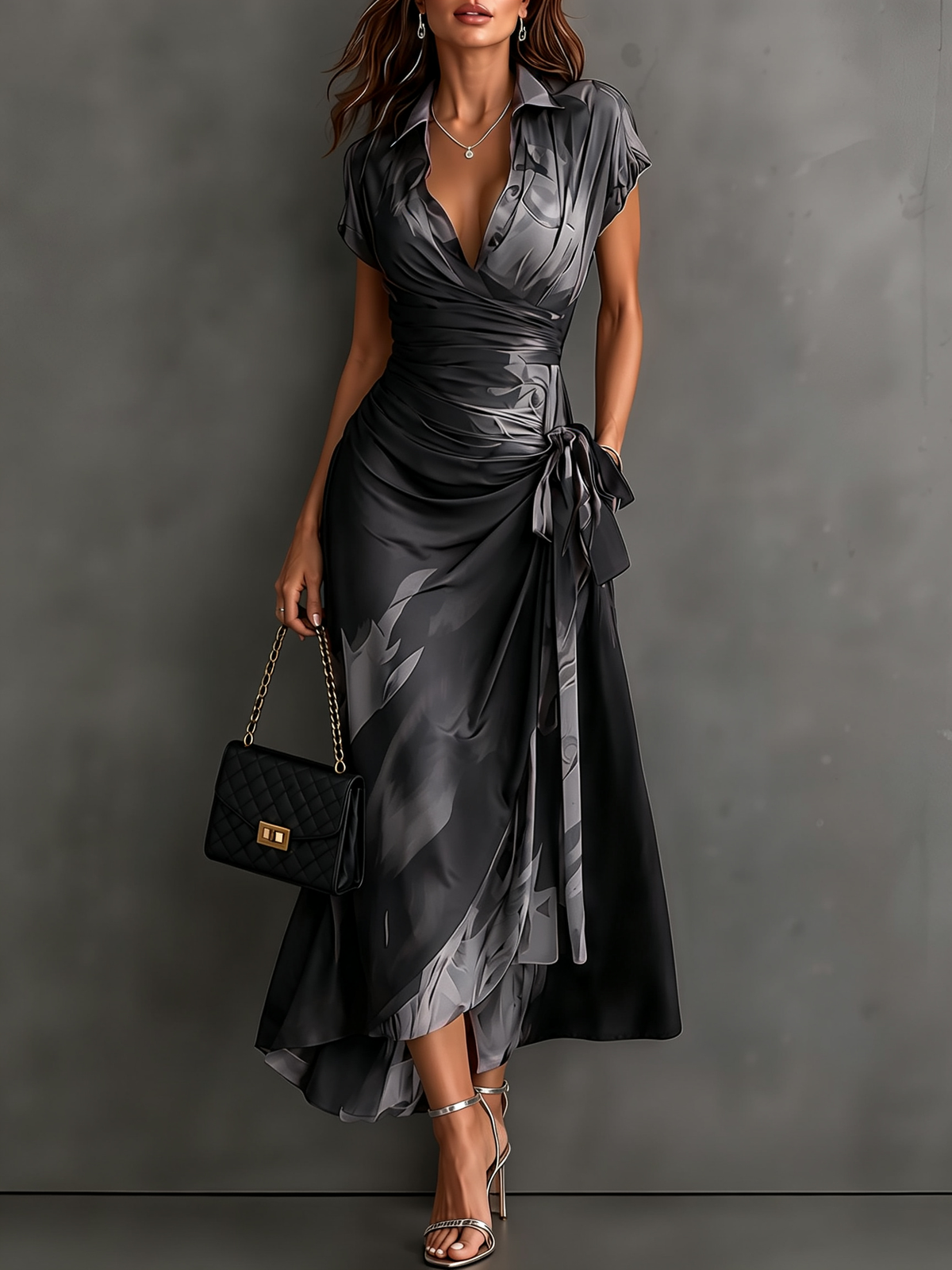 Vestido midi cruzado con estampado abstracto rojo y negro, cuello camisero en V, manga corta, lazo en la cintura y bajo asimétrico con volantes