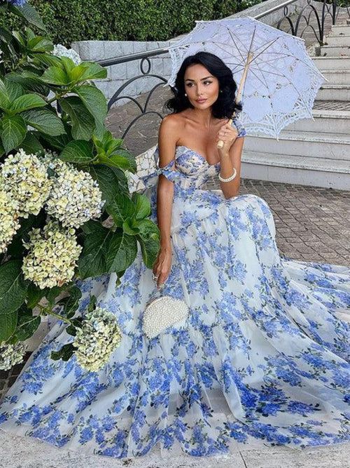Vestido largo de organza con estampado floral y tirantes anudados