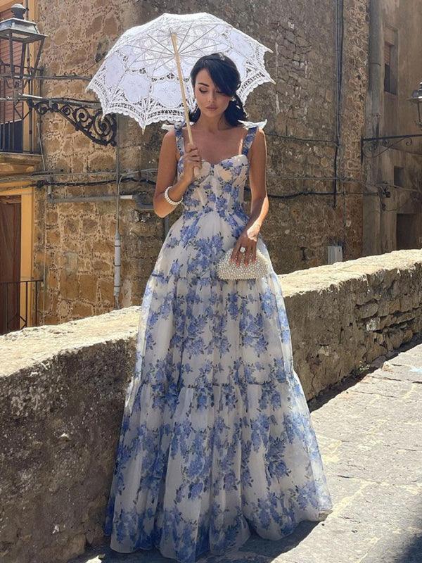 Vestido largo de organza con estampado floral y tirantes anudados