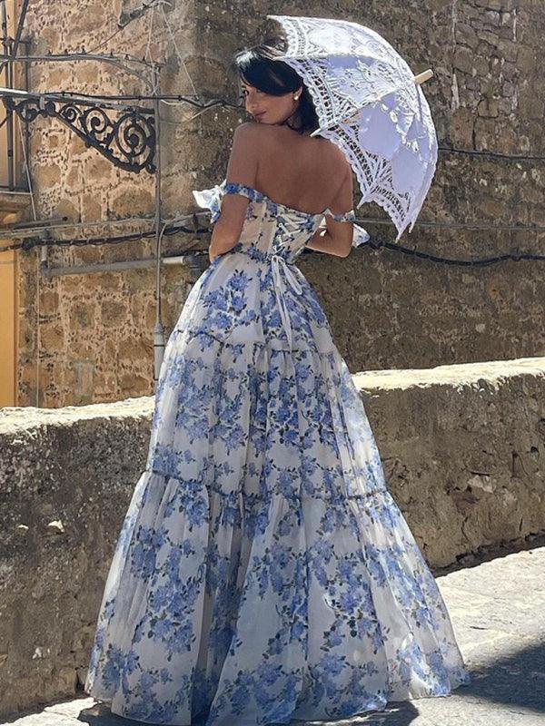 Vestido largo de organza con estampado floral y tirantes anudados