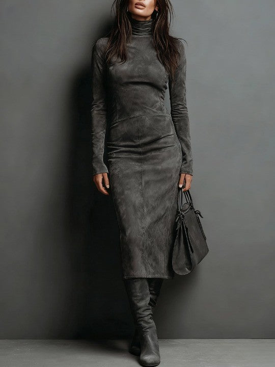 Vestido midi de antelina de cuello alto y manga larga