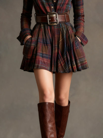 Minivestido vintage de cuadros rojos y marrones con solapa (incluye cinturón)