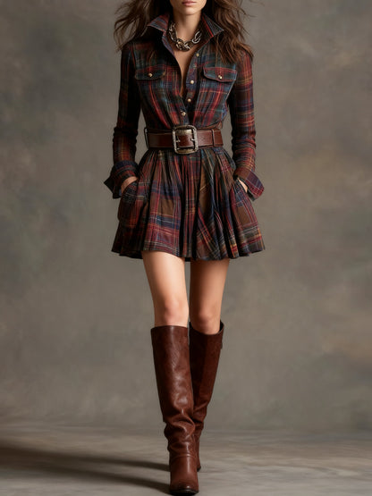 Minivestido vintage de cuadros rojos y marrones con solapa (incluye cinturón)