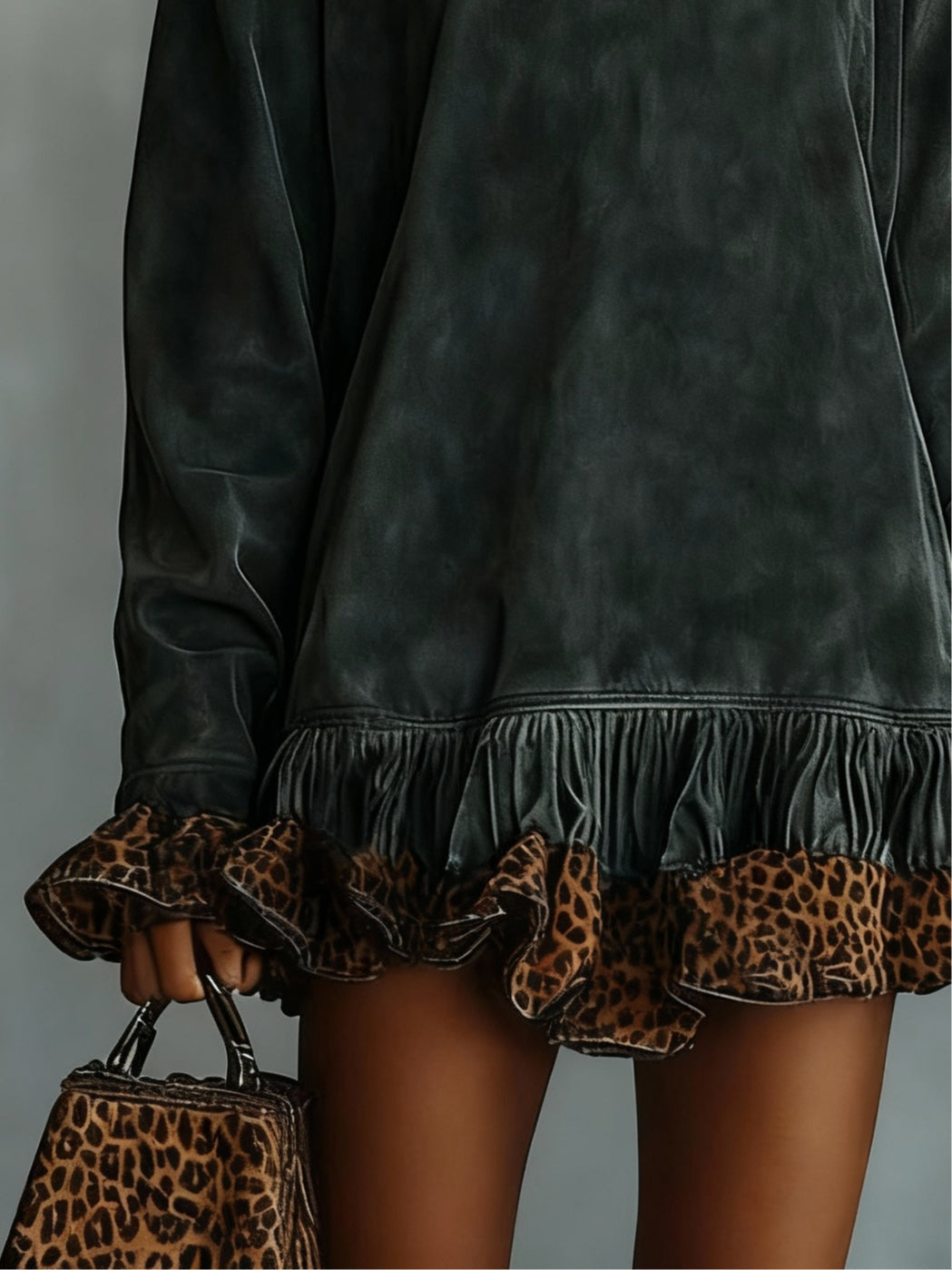 Minivestido de antelina con cuello alto y bajo con paneles de leopardo