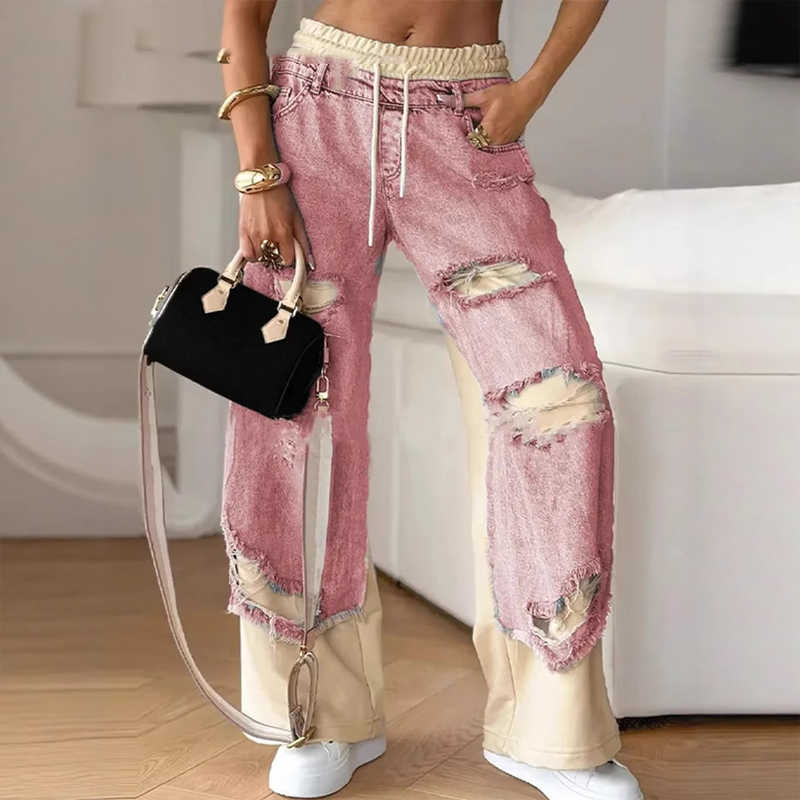 Patchwork-Denim-Elastic-Kordelzug-Hose mit weitem Bein