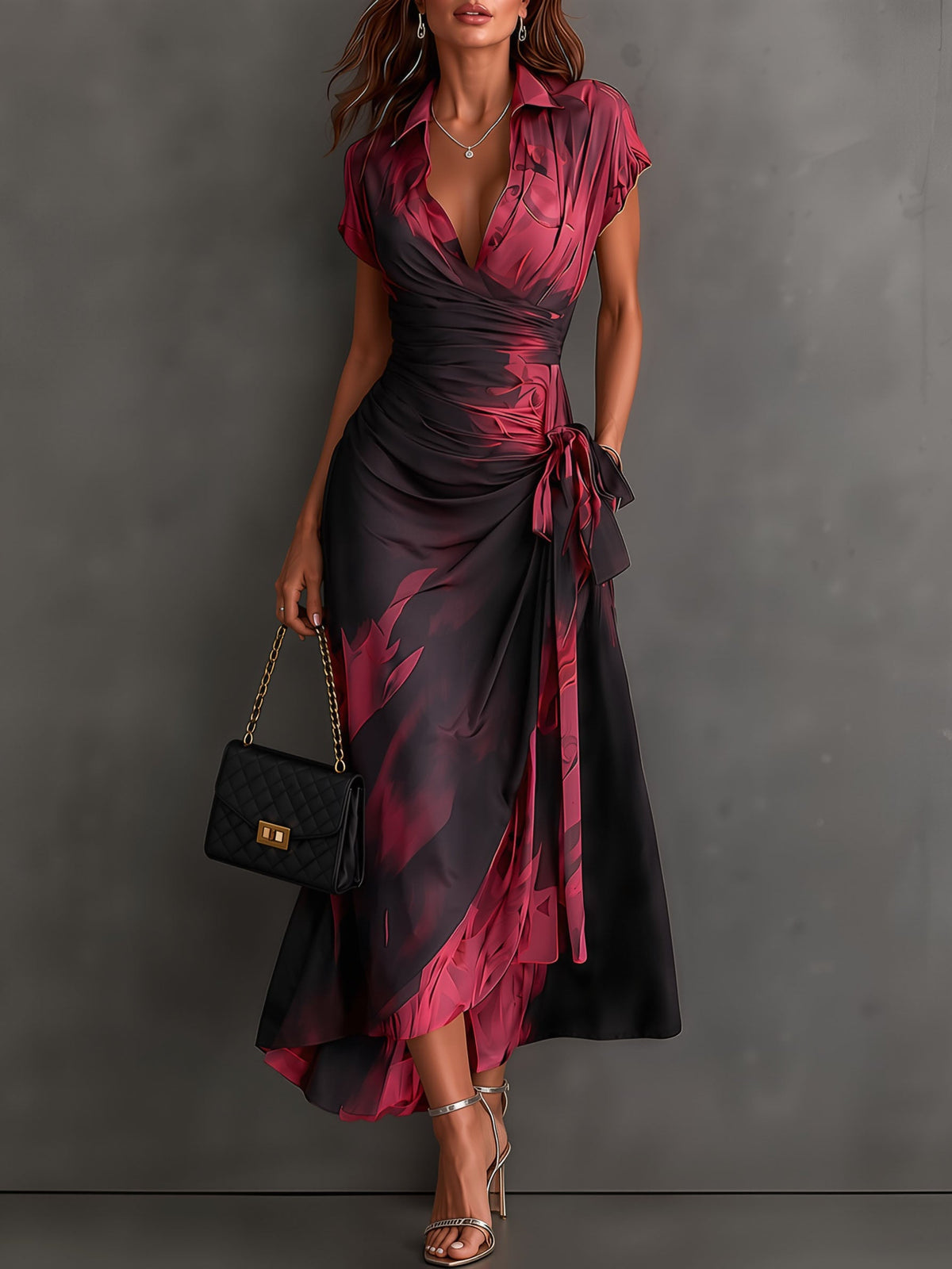 Vestido midi cruzado con estampado abstracto rojo y negro, cuello camisero en V, manga corta, lazo en la cintura y bajo asimétrico con volantes