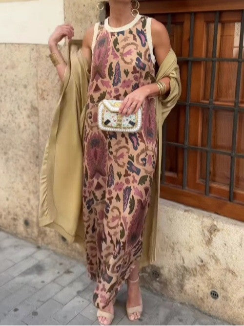 Elegante vestido estampado de dos piezas con capa